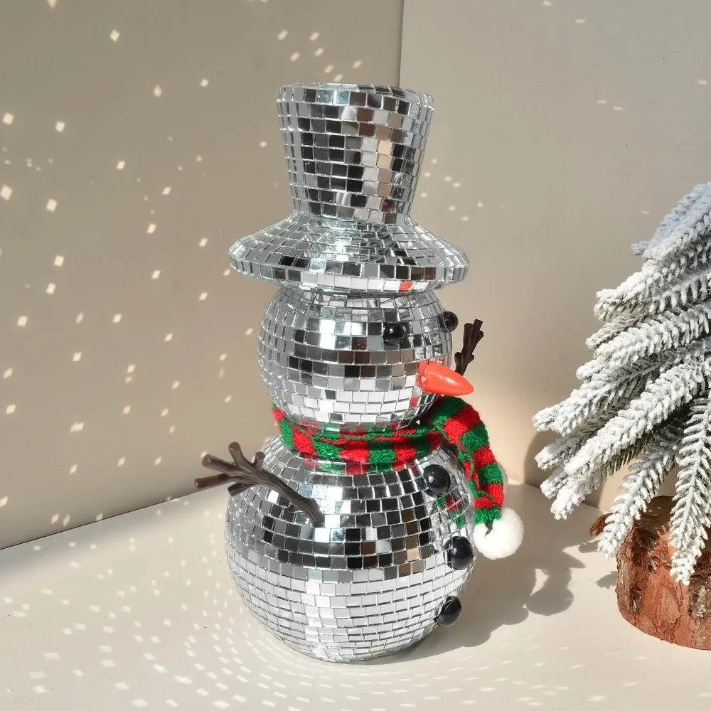 Silver Mirror Disco Ball Snowman Ornament with Knitted Scarf