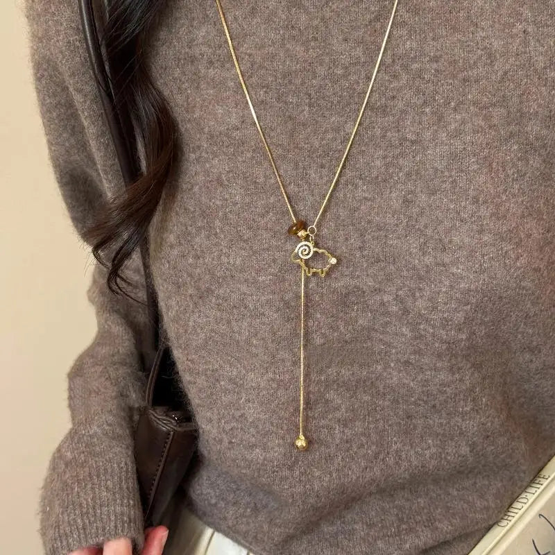 Women's Lamb Lariat Necklace – Tiger's Eye & CZ Pendant