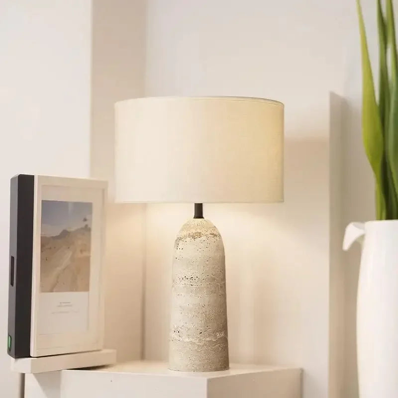 Wabi-Sabi Travertine Base LED Table Lamp | White Fabric Shade