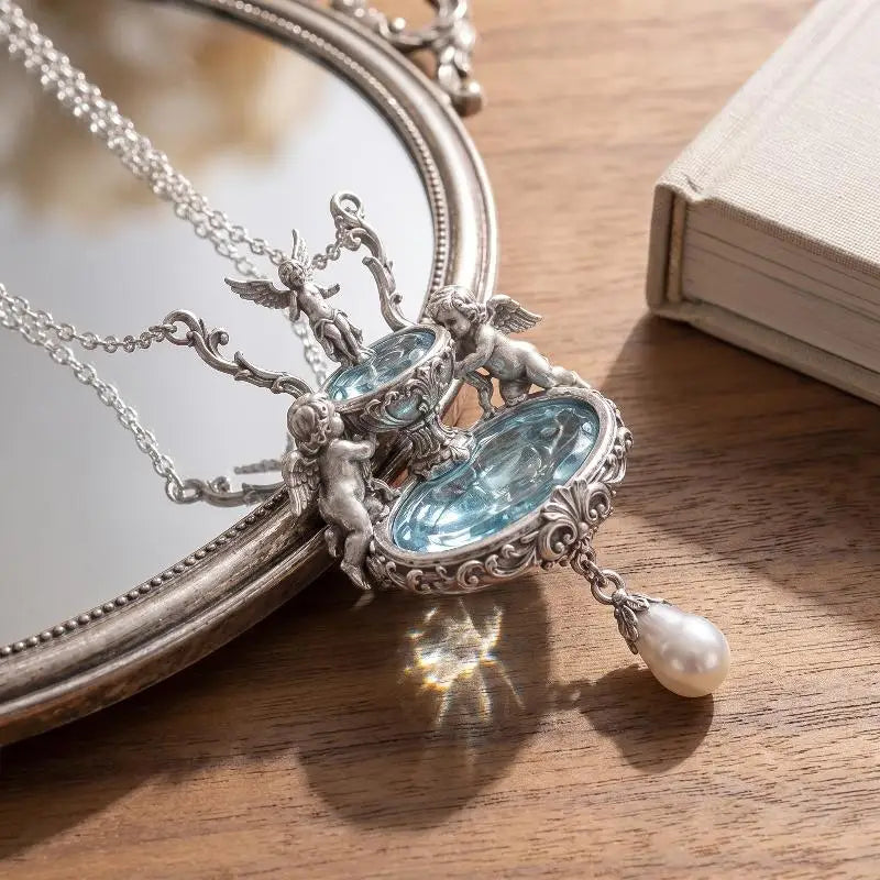 Vintage Angel Pendant Necklace – Baroque Pearl & Enamel Chain