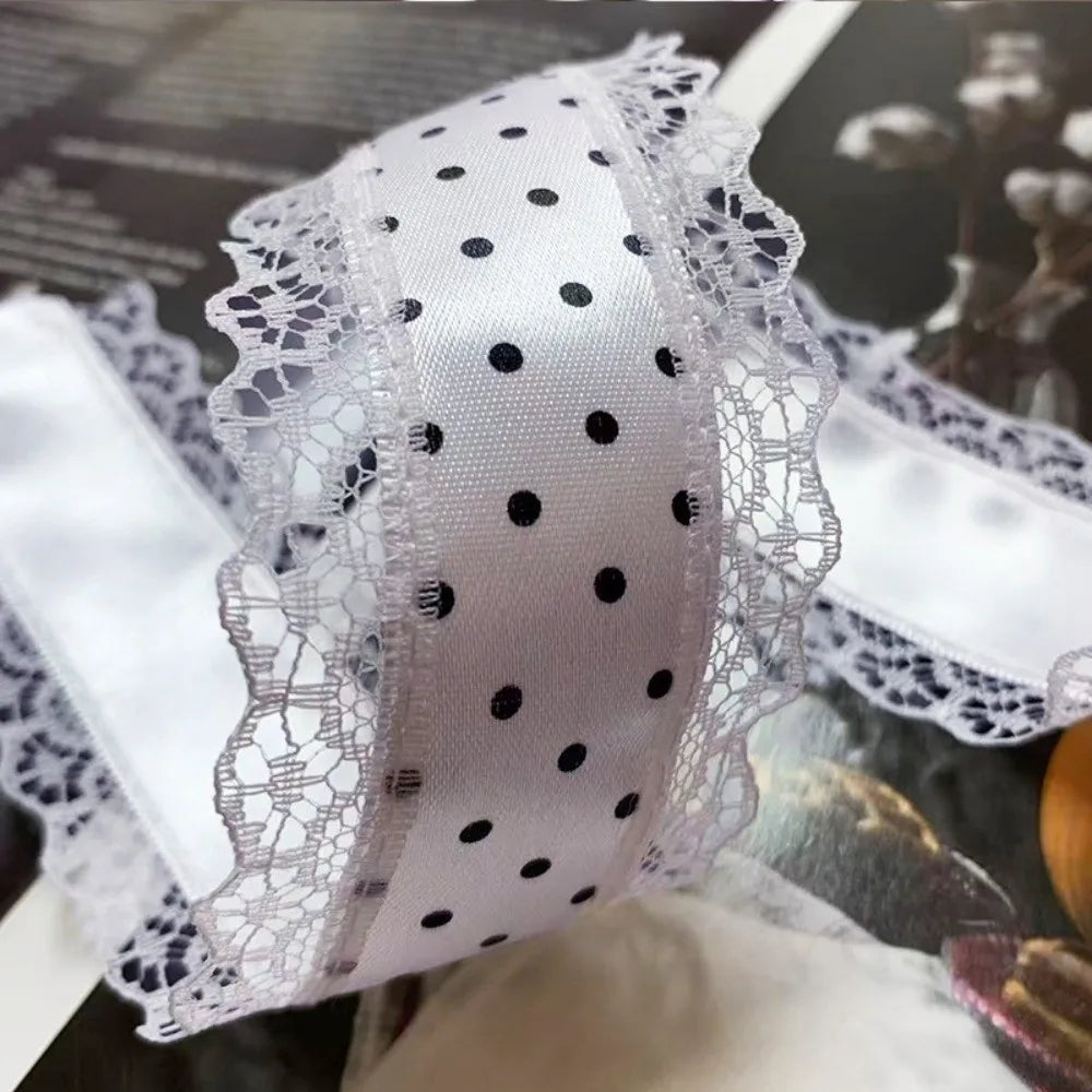 Polka Dot Satin Ribbon 4cm Wide – 10 Yards White Lace Trim