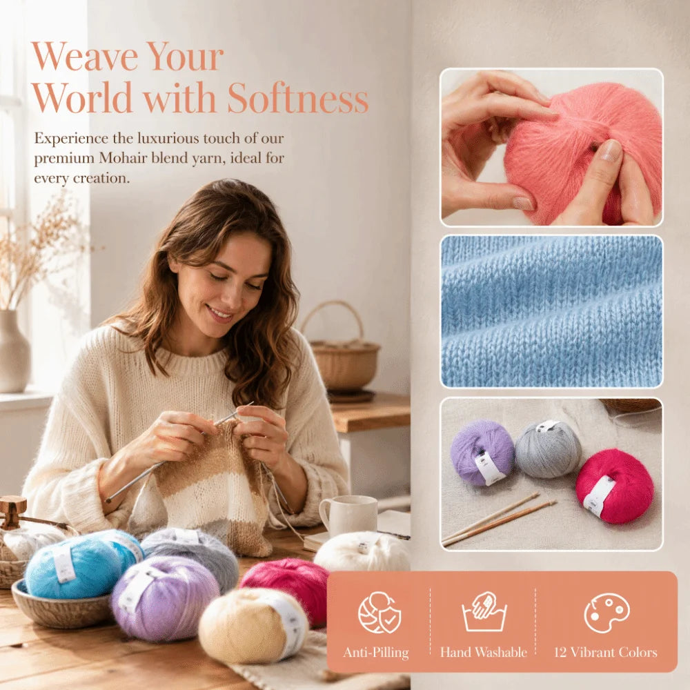 12-Color Mohair Wool Yarn Set – Knitting & Crochet Starter Kit