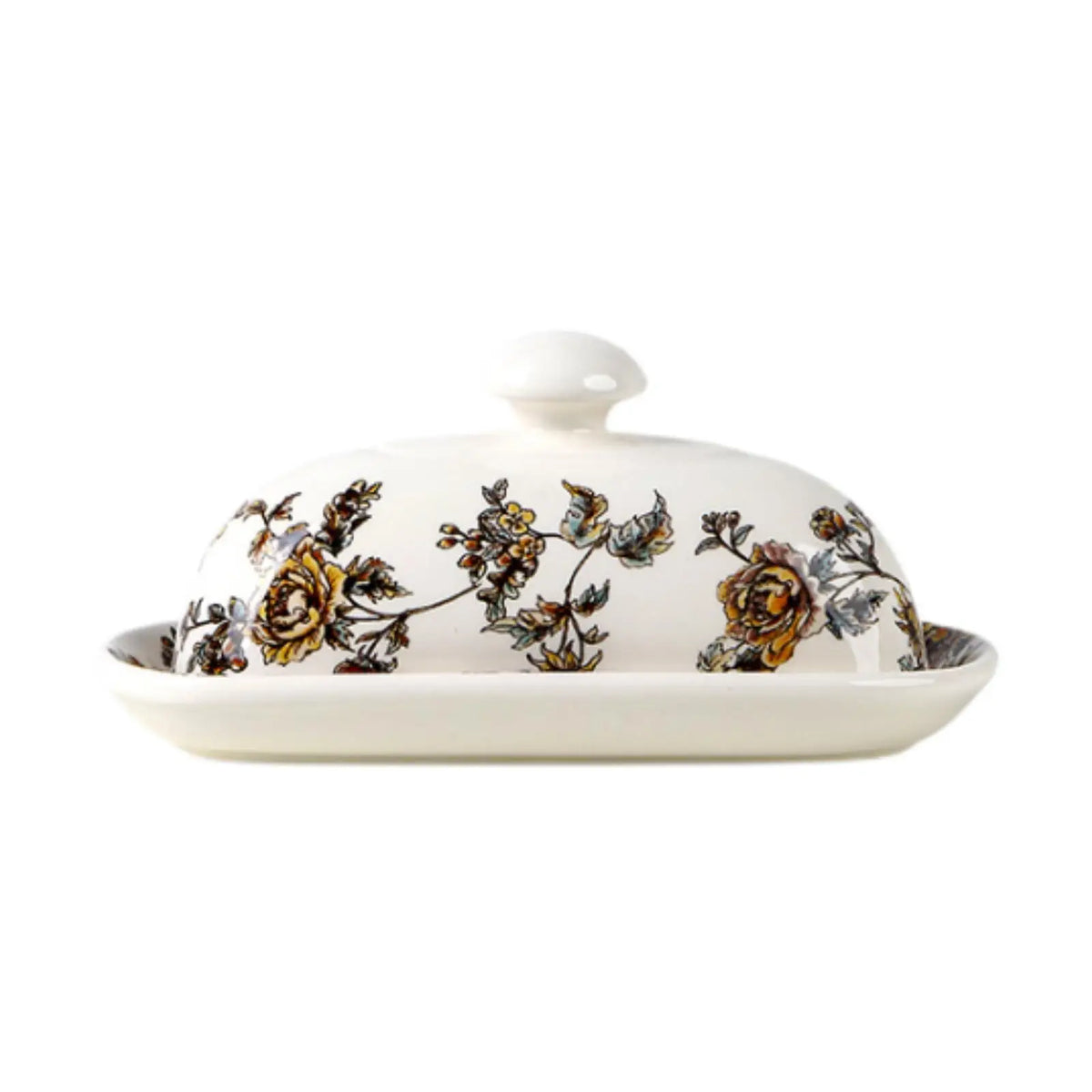 Elegant Porcelain Butter Dish with Lid & Gold Handle