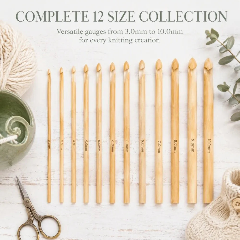 12-Piece Bamboo Crochet Hook Set – 3mm to 10mm Knitting Needles