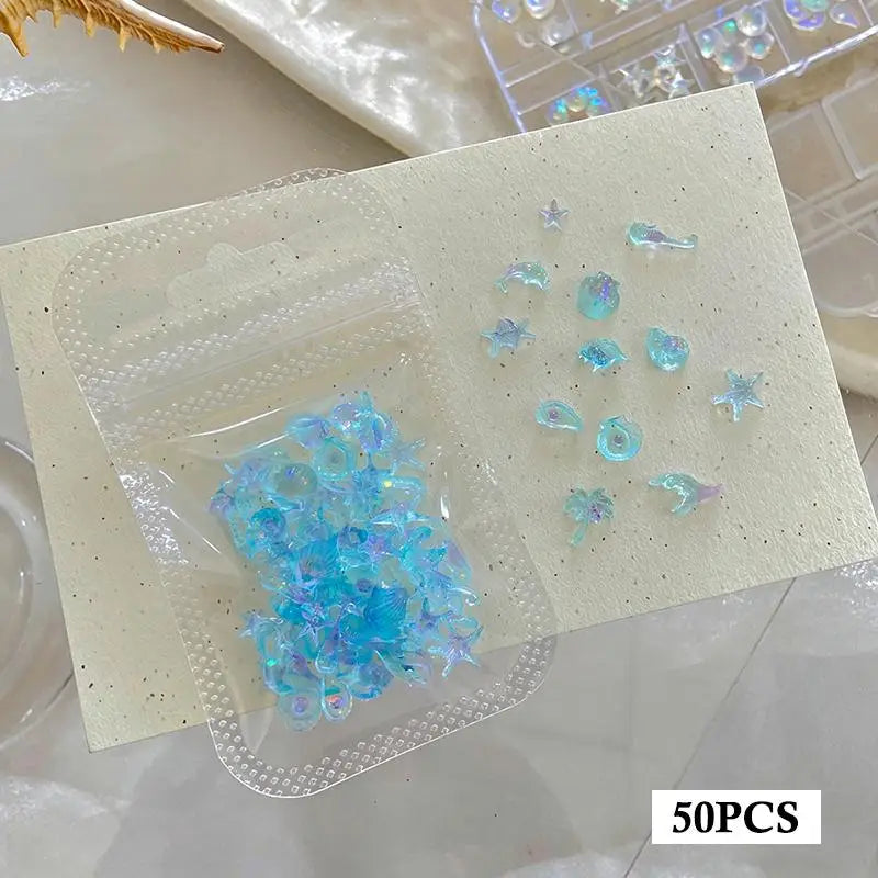 50-Pc Ocean Nail Charms Aurora Shell Starfish Mermaid DIY Set