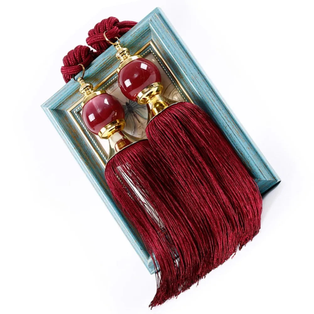 Tassel Fringe Curtain Tiebacks with Jade Pendant – Set of 2