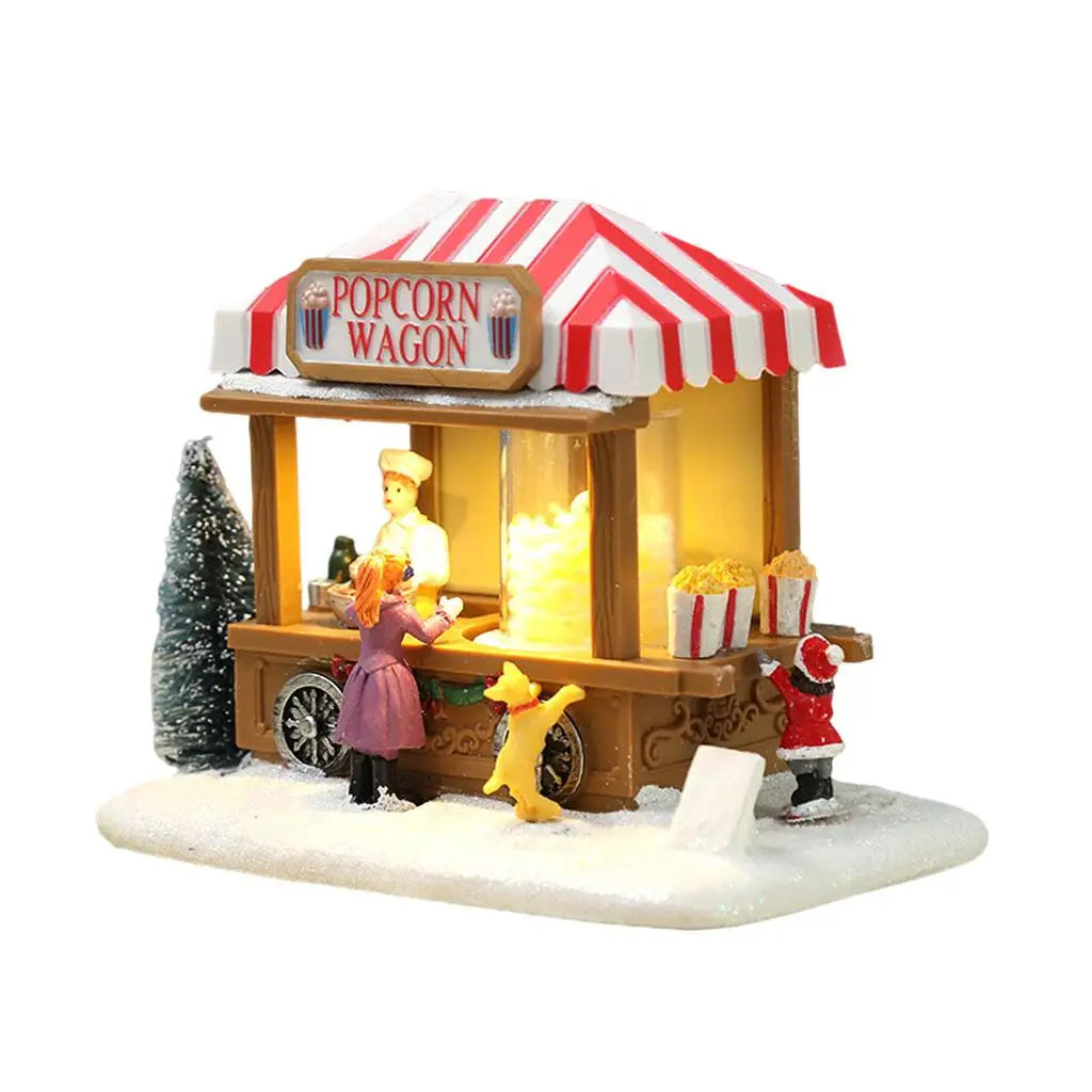 Vintage LED Christmas Snow Village House – Resin Popcorn Wagon