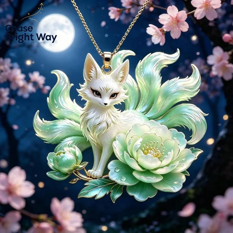 Nine Tailed Fox & Peony Pendant Necklace – Nickel Free