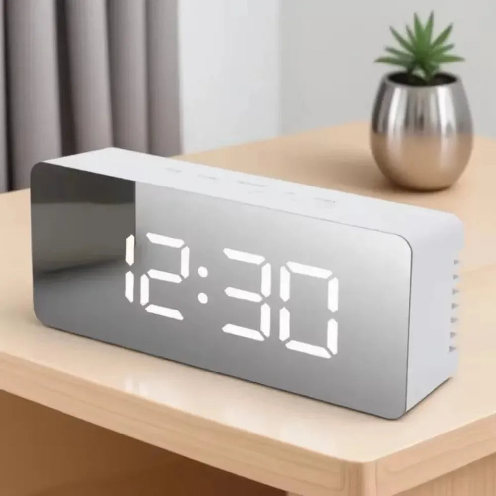 LED Mirror Digital Alarm Clock – USB Night Light Desk Clock
