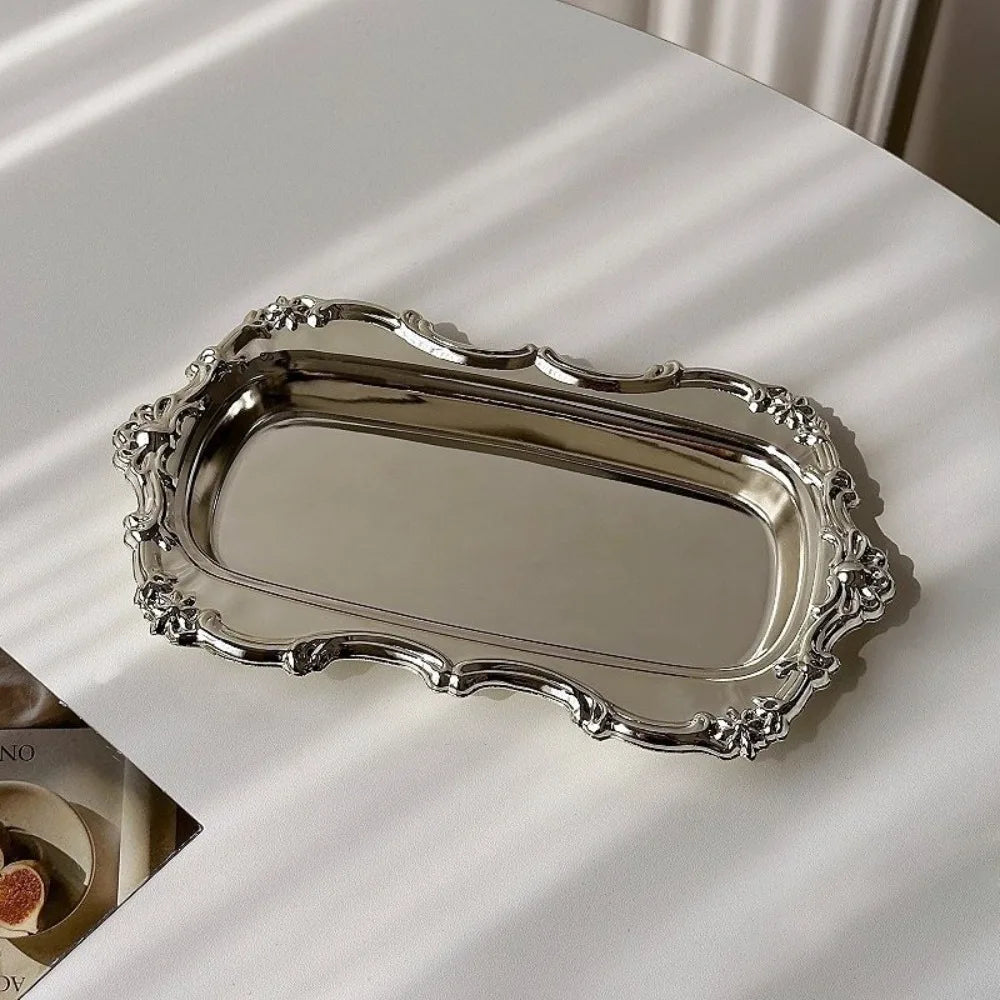 Mirror Stainless Steel Dessert Plate & Jewelry Tray – Embossed