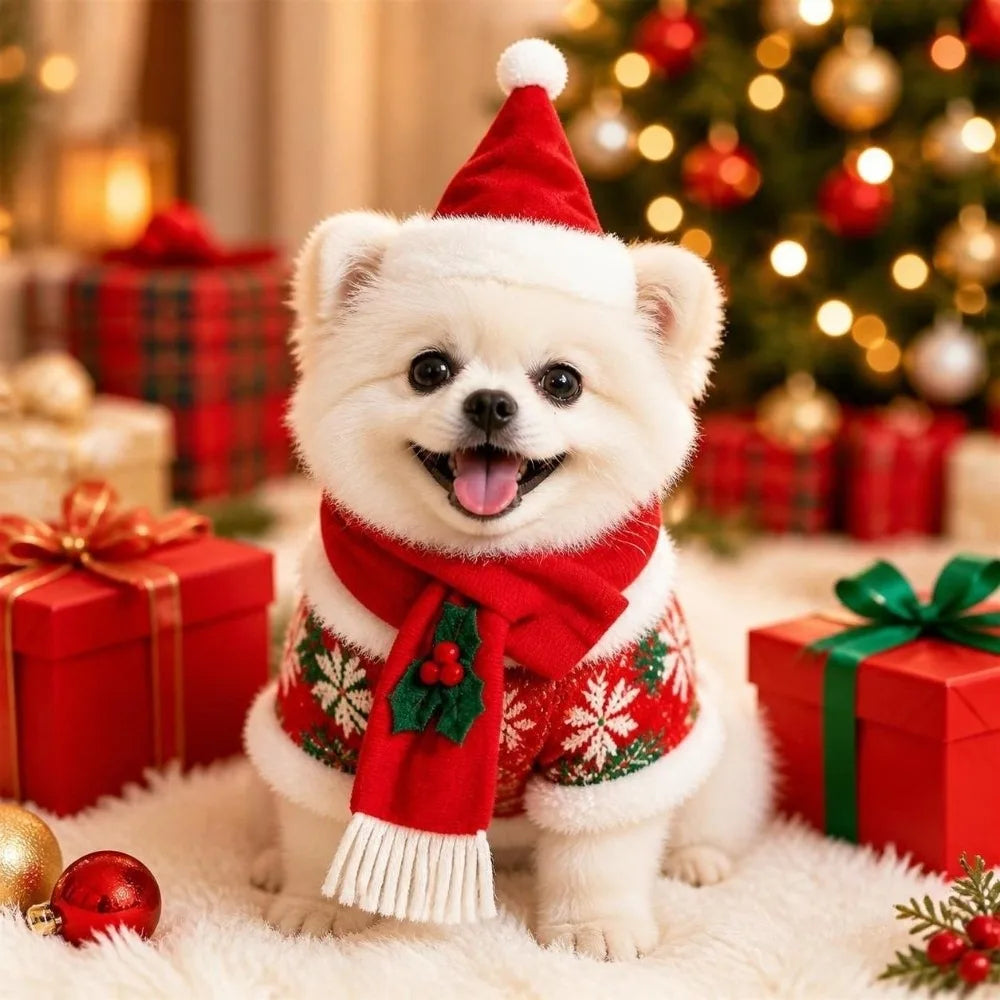 Christmas Dog & Cat Scarf Hat Set – 2-Pc Winter Pet Neck Warmer