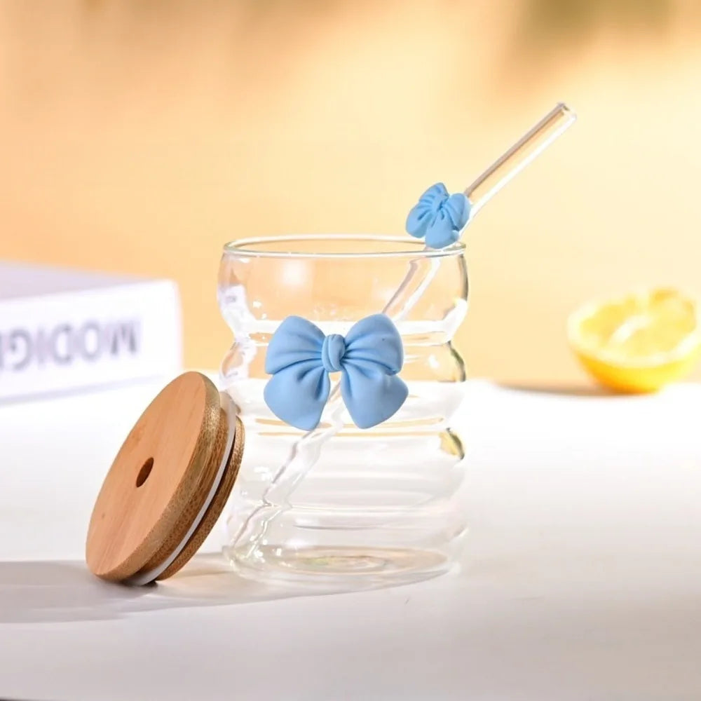 Wave Glass Cup with Wooden Lid, Bowtie Decor & Straw – 350ml