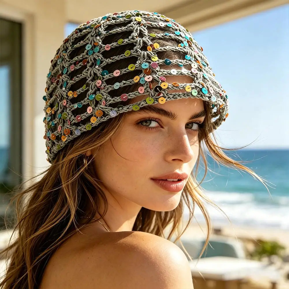 Y2K Sequined Crochet Fishnet Hat – Women's Summer Pullover Cap
