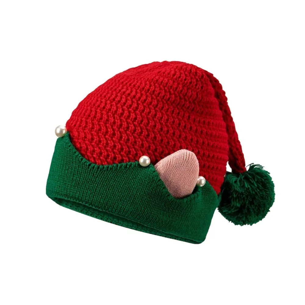 Knitted Christmas Elf Hat – Striped Jacquard Cap with Pom-Pom