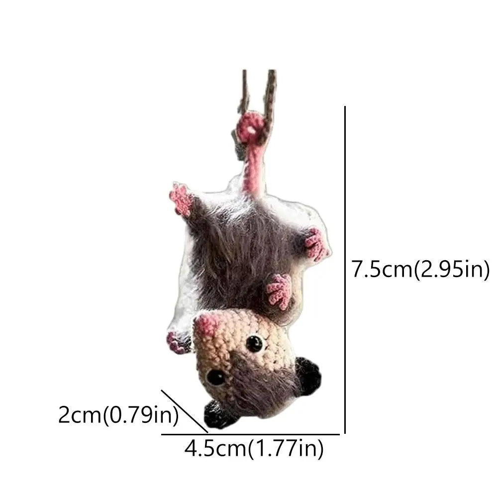 Crochet Opossum Car Charm – Handmade Knitted Rearview Mirror Pendant