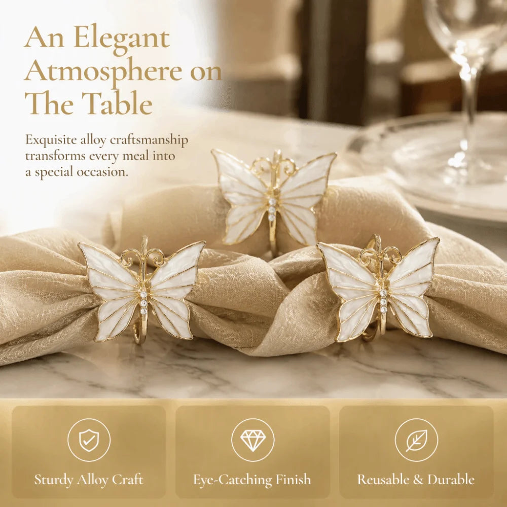 Butterfly Napkin Rings Set of 6 – White Alloy Table Décor