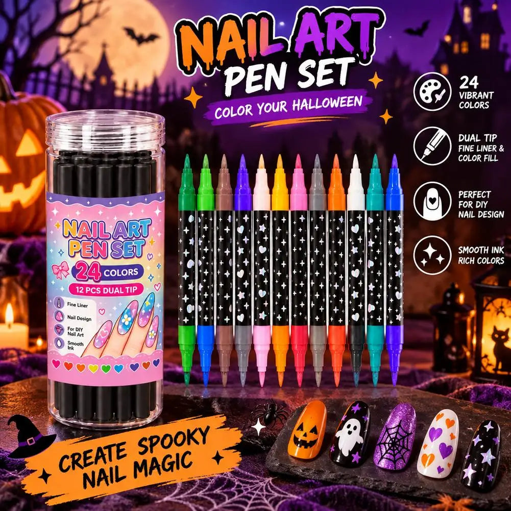 12-Pc Double-Ended Nail Art Pens – 24 Colors DIY Set