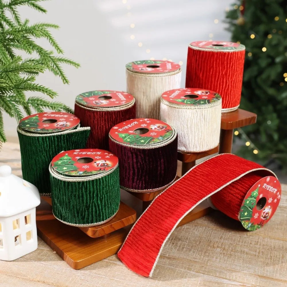 Christmas Velvet Ribbon 3 Yards – Gold Wire Edge, 8.9cm Wide