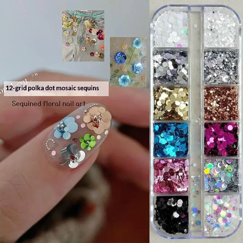 12-Grid Nail Glitter Set – Circular & Flower Sequins for DIY
