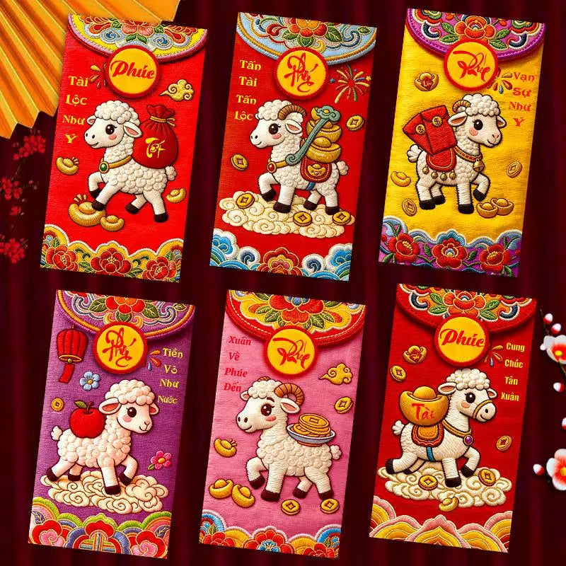 6-Pack 2027 Year of Goat Vietnamese Lucky Red Envelopes Lì Xì