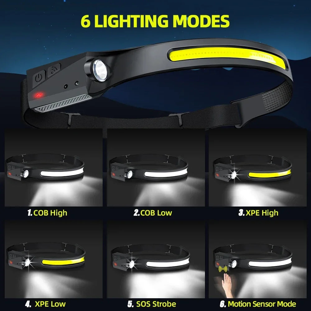 Sensor LED Headlamp Rechargeable – 6 Modes, 230° Wide Beam