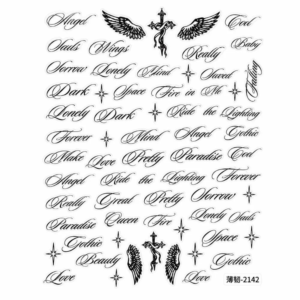 Y2K Wing & Letter Nail Art Stickers – Black & White Decals