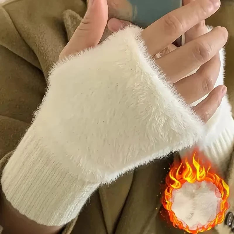 Women's Plush Fingerless Gloves – Warm Half-Finger Wrist Mittens
