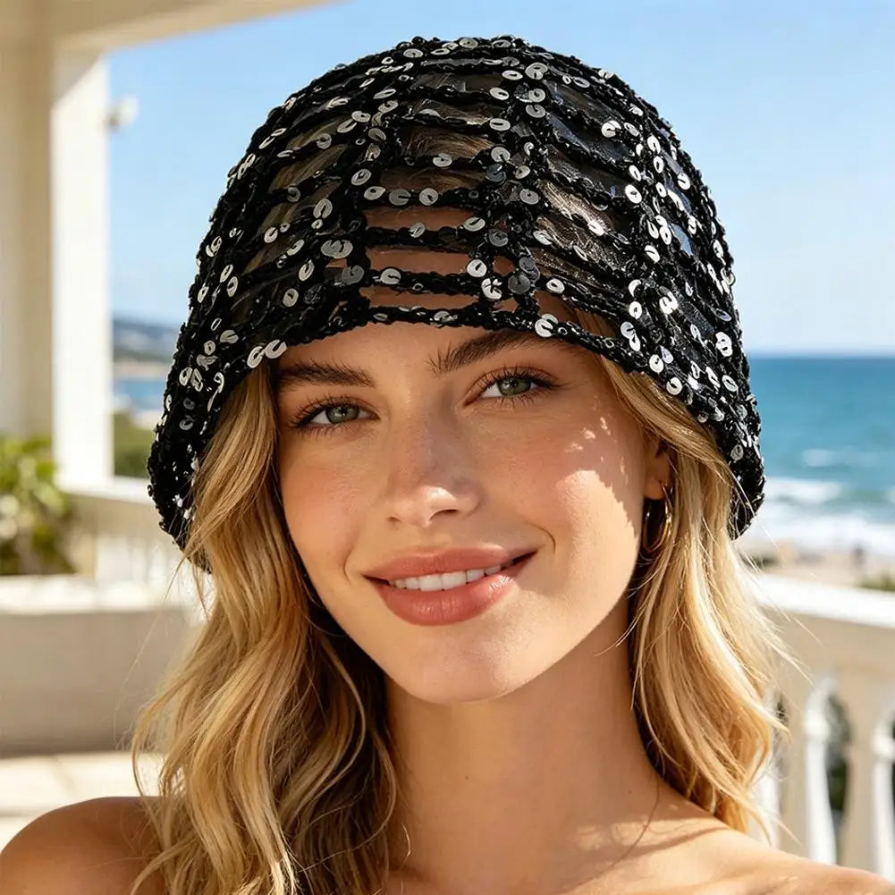 Y2K Sequined Crochet Fishnet Hat – Women's Summer Pullover Cap