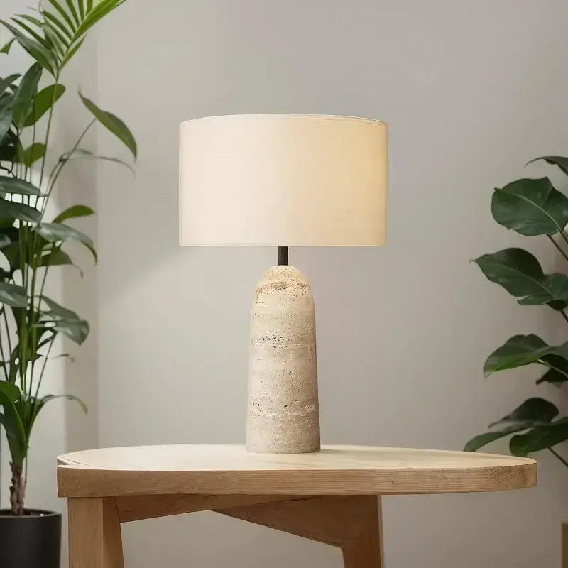 Wabi-Sabi Travertine Base LED Table Lamp | White Fabric Shade