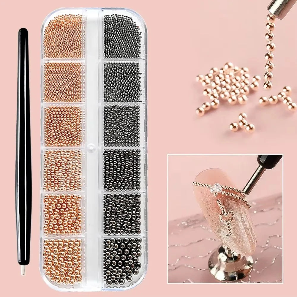 12-Grid Mini Caviar Beads – Gold Silver Micro Ball Nail Art Set
