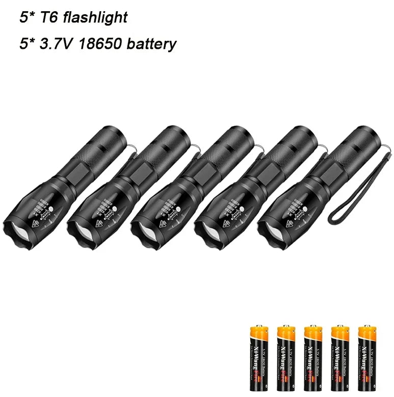 T6 LED Flashlight 1000 Lumen Zoomable 5-Mode Waterproof Torch