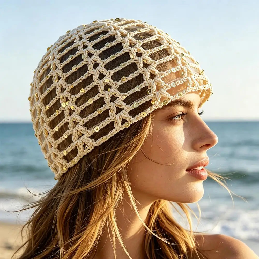Y2K Sequined Crochet Fishnet Hat – Women's Summer Pullover Cap
