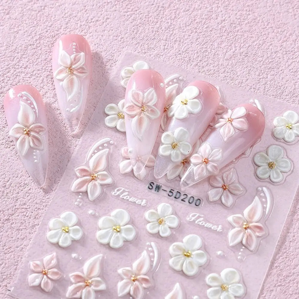 3D French Embossed Nail Stickers – White Pink Petal & Gold