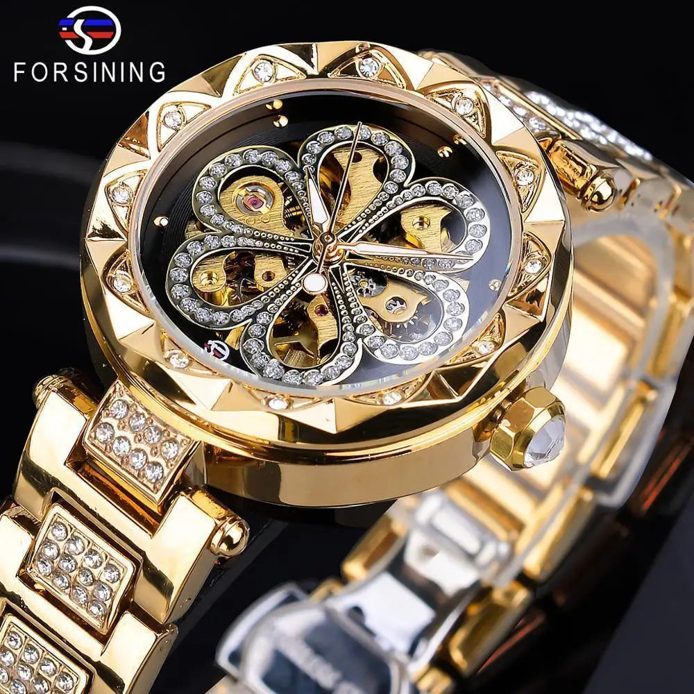 Women's Automatic Mechanical Watch – Hollow Dial Steel Band