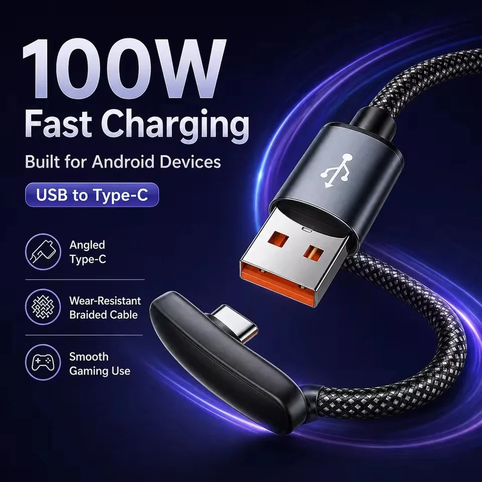 100W USB-A to USB-C 90° Fast Charging Braided Cable | 6A