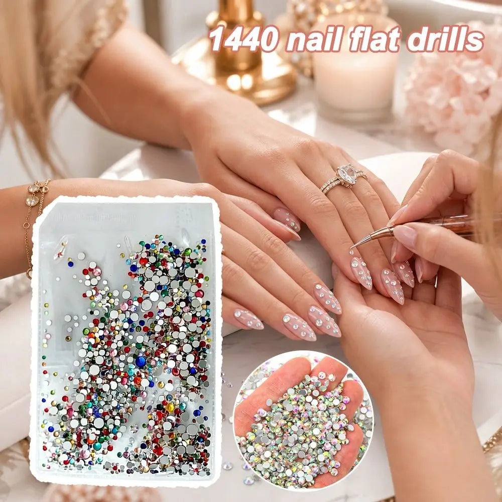 1440-Piece Glass Nail Rhinestones – Flat Back AB Gems