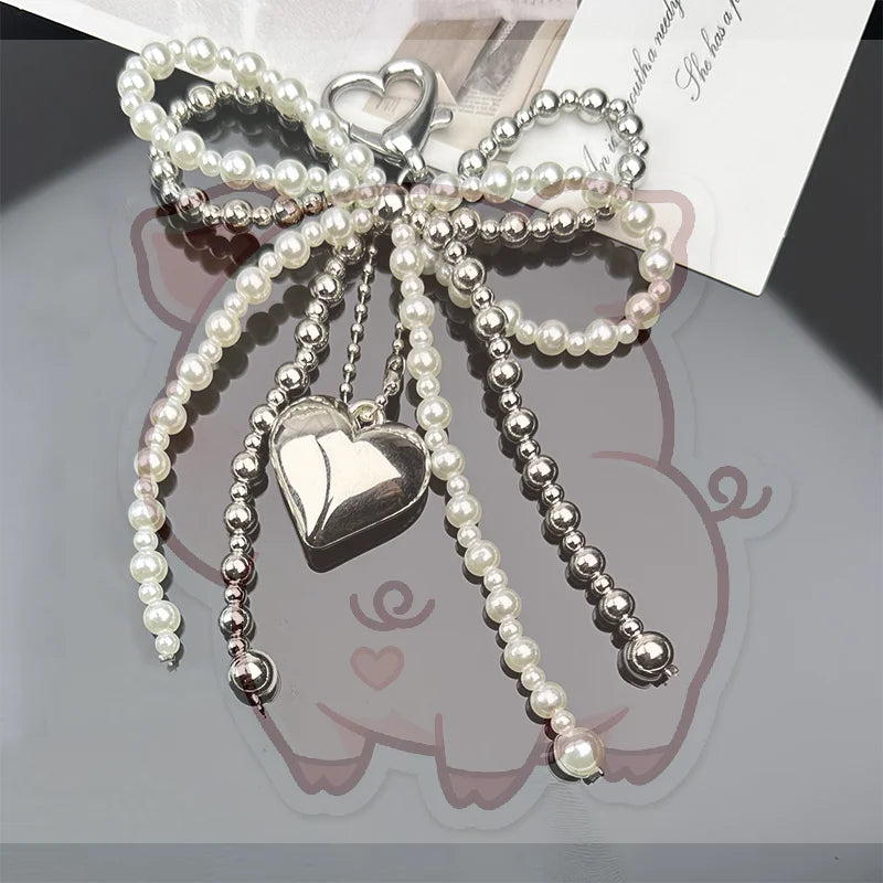 Sweet Bow Heart Bag Charm Keychain – Beaded Pendant Key Ring