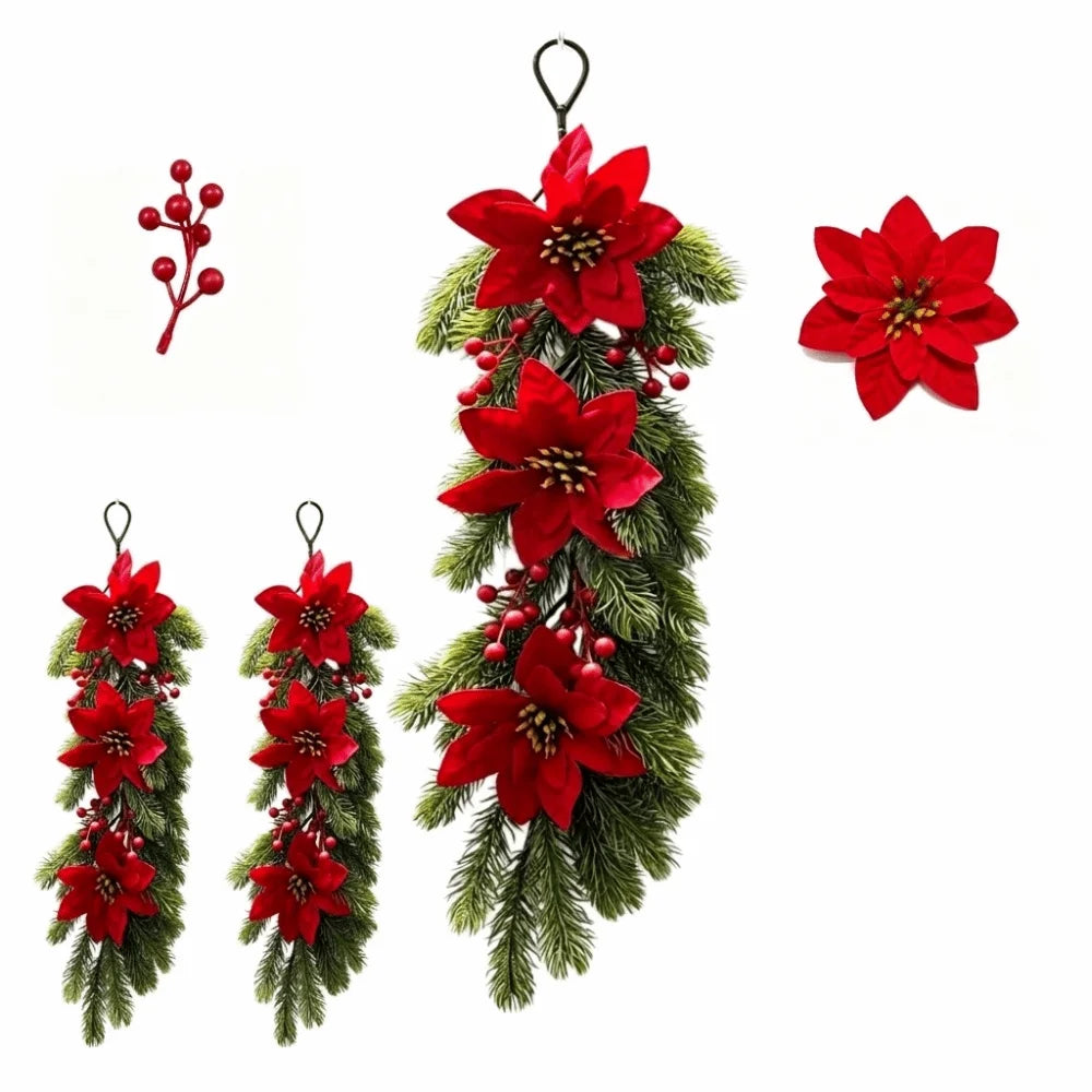 Poinsettia Christmas Swag Garland – Red Berry Pine Wall Decor