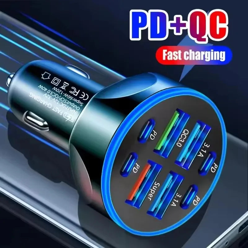 6-Port USB Car Charger 120W – PD QC3.0 Fast Charging Adapter