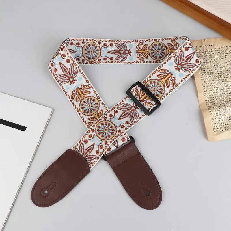 Embroidered Guitar Strap – Adjustable PU Leather & Cotton