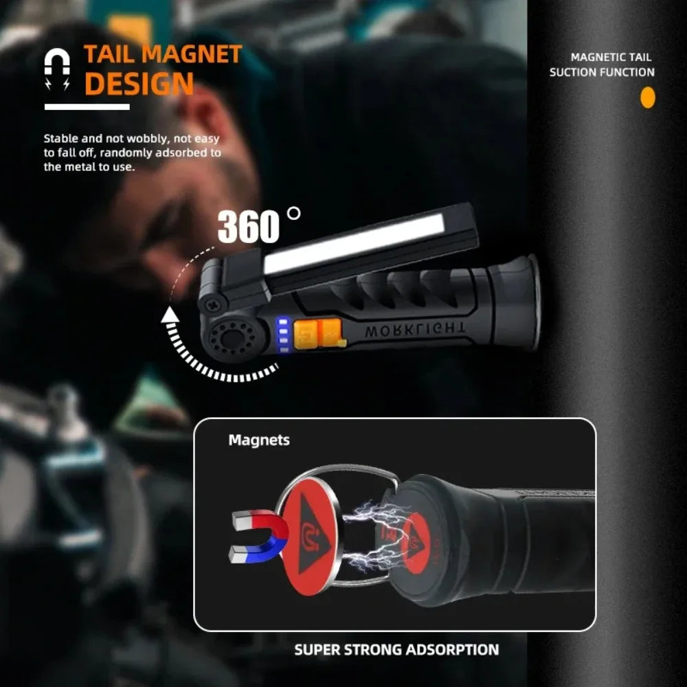 USB Rechargeable COB LED Work Light – 360° Magnetic Flashlight
