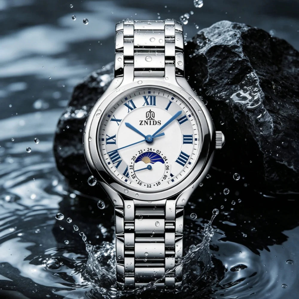 Women's Quartz Watch – Moon Phase Roman Numeral Steel Band