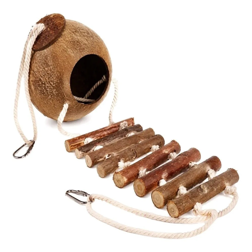 Coconut Shell Hanging Bird Hut with Rope Ladder | Parrot House