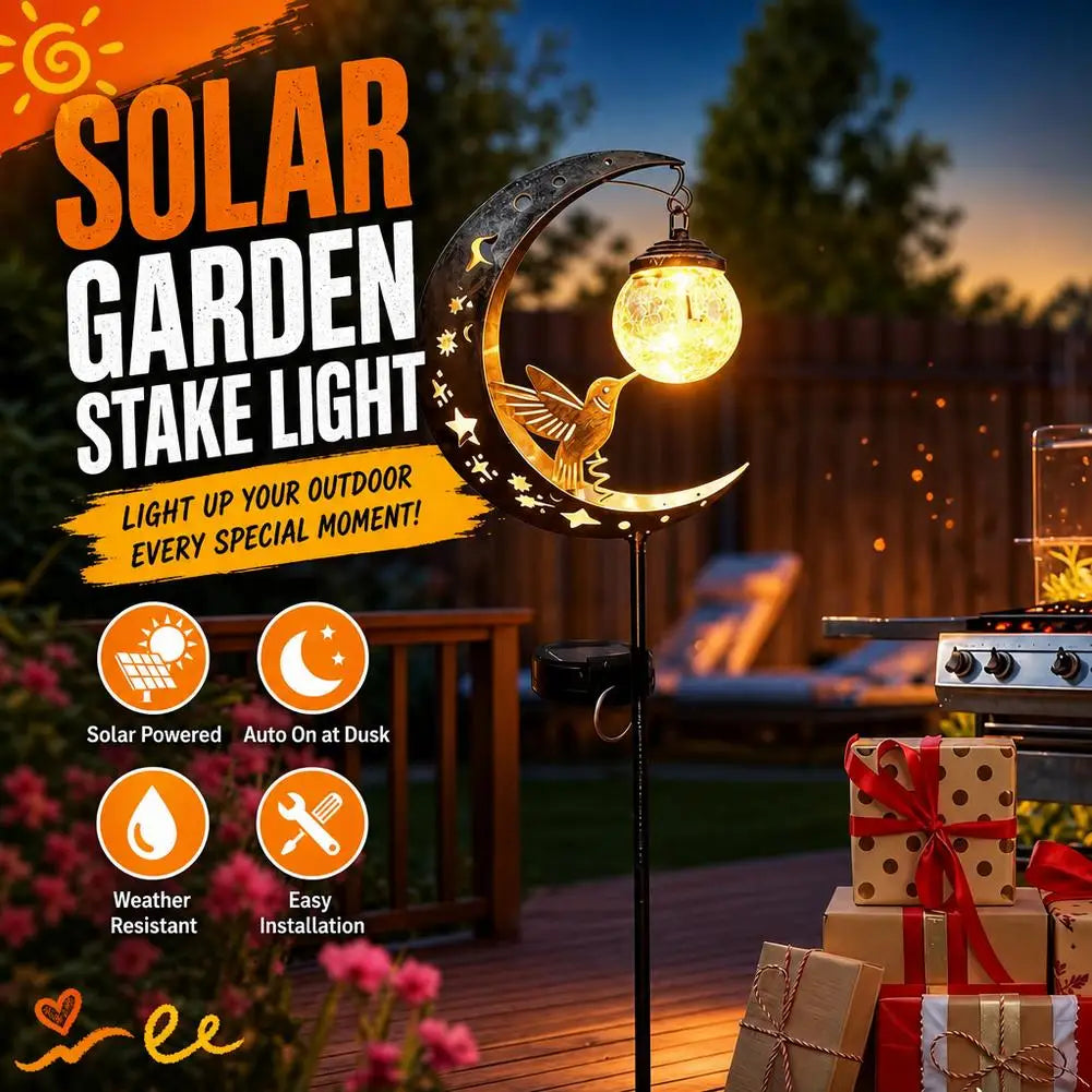 Solar Hummingbird Moon Stake Light | Crackle Glass Garden Lamp