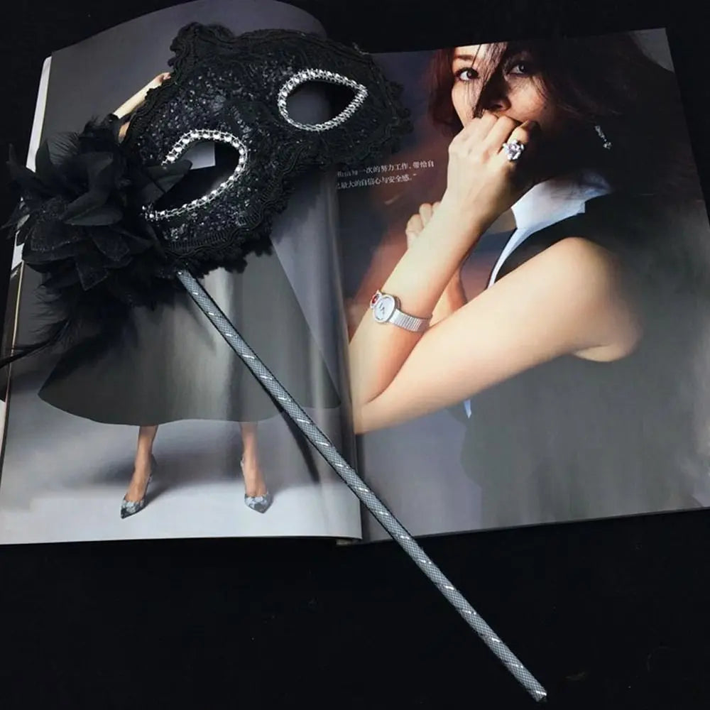 Venetian Handheld Masquerade Mask – White Lace & Feather