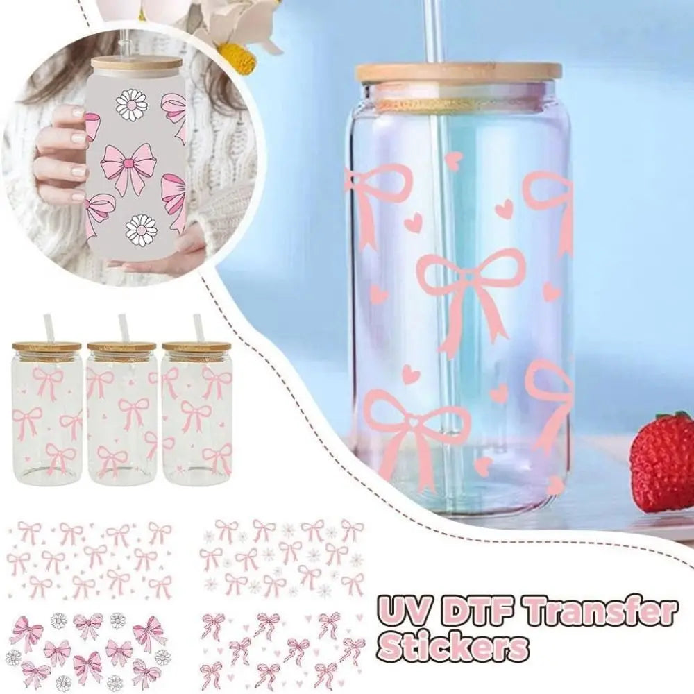 UV DTF Pink Bow Sticker – Waterproof Wrap for 16oz Glass Cups