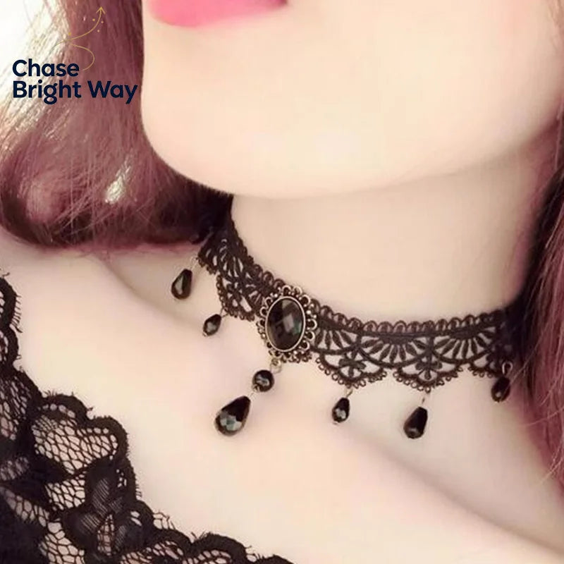 Gothic Crystal Lace Choker Necklace | Neo-Victorian Women's Jewelry