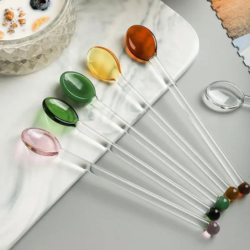 Colorful Glass Stirring Spoon – Long Handle, Heat Resistant