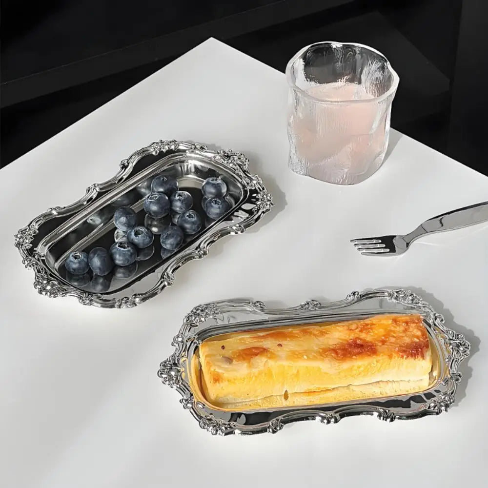 Mirror Stainless Steel Dessert Plate & Jewelry Tray – Embossed