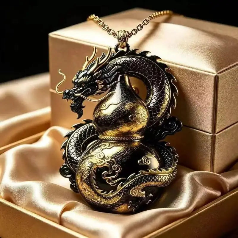 Blue Jade Gourd Dragon Pendant Necklace | Gold Ethnic Jewelry